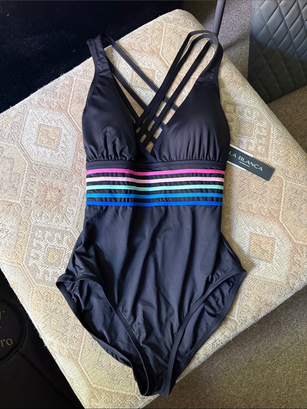 La Blanca Black Tummy Control Swimsuit with Pink, Teal, Blue & Green Stripes 12